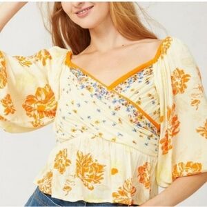 Free‎ People Mirabella Floral Wrap Front Blouse Cream Yellow Orange Blue XS